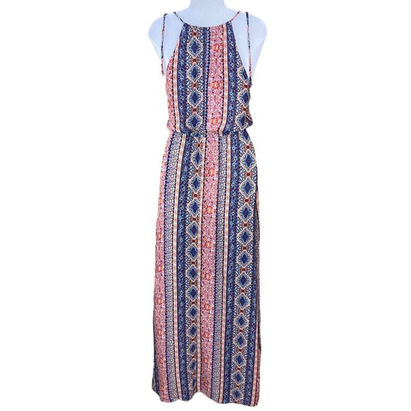 LuLus Estuary Orange Print Boho Maxi Dress Elastic Waist Side Slits Adj Ties SM - Picture 7 of 13